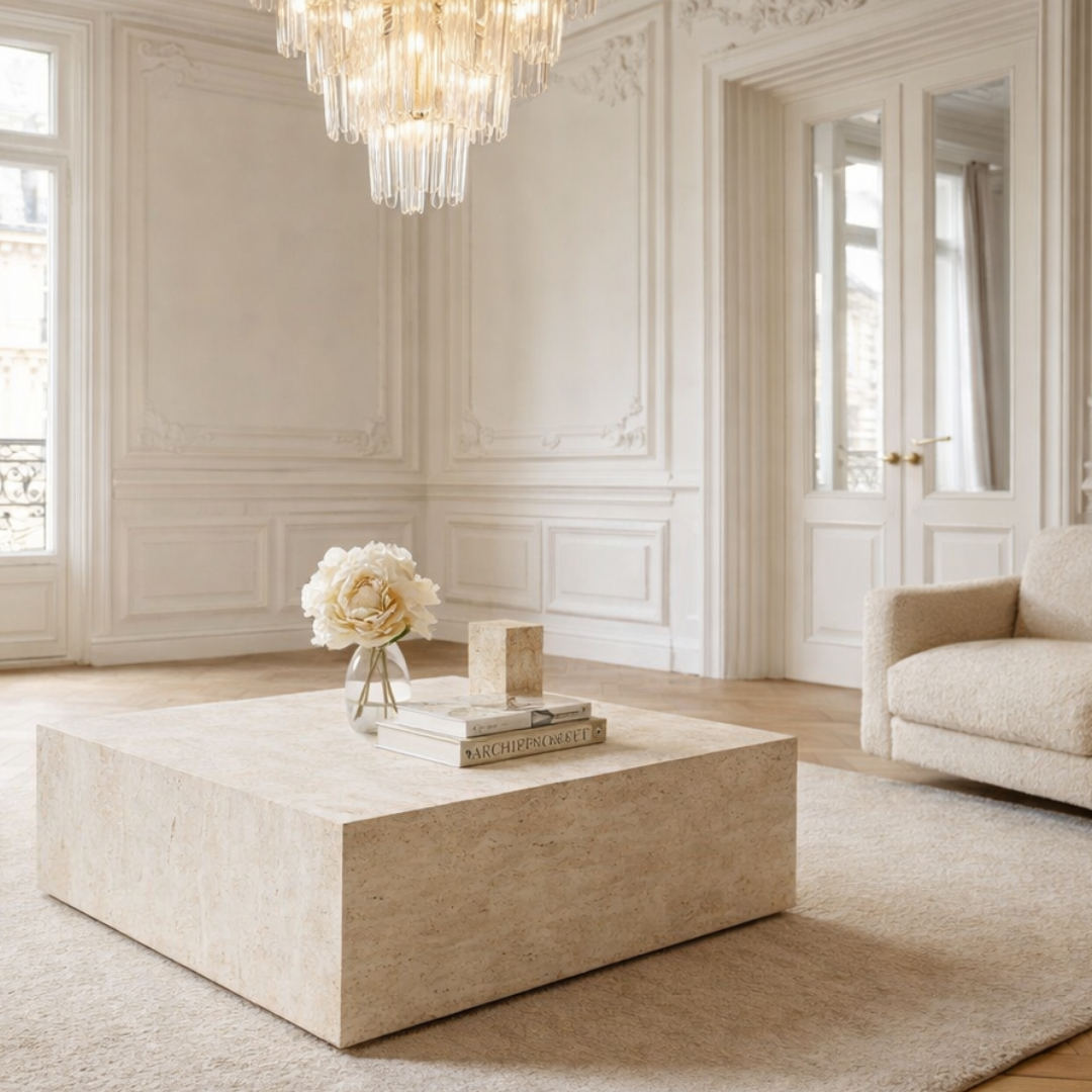 White Travertine Quadro Plinth Marble Coffeetable